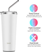 THILY Vacuum Insulated Tumbler Stainless Steel 26 oz Coffee Cup with 2 Lids and Straws, Powder Coated Travel Mug, Keeps Ice Drinks Cold, White