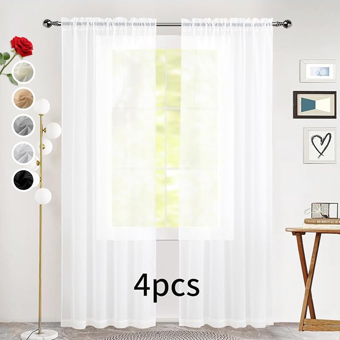SpaceDresser Sheer White Curtains 4 Panels Rod Pocket Semi-Sheer Curtain 72 - Image 2