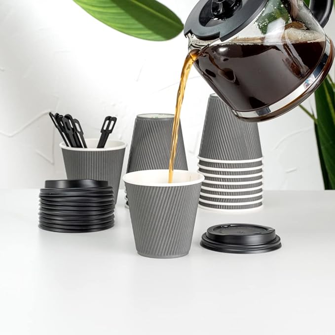 Restaurantware 8 Ounce Double Wall Disposable Coffee Cups, 500 Insulated Gray Paper Tumblers, with Ripple Wall Design, Lids Sold Separately for Hot Drinks like Tea, Hot Chocolate, and More