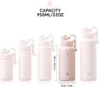 IDEUS Insulated Stainless Steel Water Bottle with 2 Leak-Proof Lids, Thermal Water Flask for Hiking Biking, 32oz, Light Pink