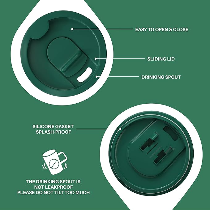 Ideus Vacuum Insulated Coffee Mug, 16oz Reusable Stainless Steel Thermal Double Walled cup with Handle and Slider Lid for Hot & Cold Beverages, BPA Free (Leapord Dark Green)