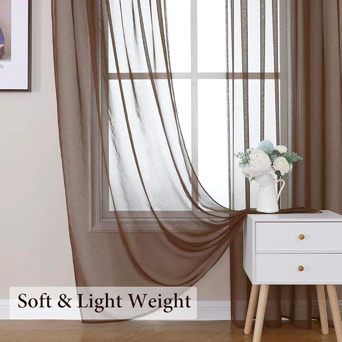 MIULEE Chocolate Brown Linen Textured Sheer Curtains 54W×108L - Image 5