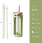 Kodrine 20oz Glass Tumbler with Straw and Lid, Iced Coffee Cups with Bamboo Lids, Glass Cups for Cold Drinks, Smoothie Cup with Silicone Sleeve for Travel, Work, BPA FREE-DaiquiriGreen