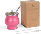 Yerba Mate Cup - Mate Gourd Set Includes Double Walled Stainless Steel Tea Cup, Tea Shaper set, Bombilla Straws, Cleaning Brush