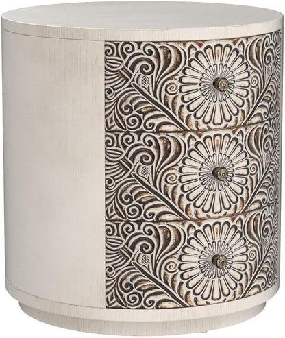 HOMPUS Round End Table with Carved Floral Pattern, Vintage Nightstand w 3 - Image 4