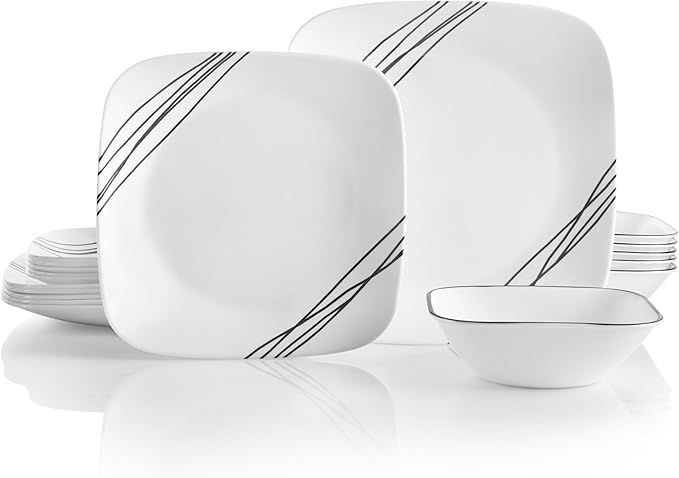 Corelle Vitrelle 18-Piece Service for 6 Dinnerware Set Triple Layer Glass and Chip Resistant, Lightweight Square Plates and Bowls Set, Simple Sketch