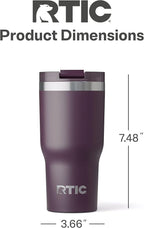 RTIC 20oz Essential Tumbler with Lid, Insulated, Stainless Steel, Metal, Double Wall Vacuum-Insulation, Ceramic Lined, Travel Cup for Iced Coffee, Tea, Hot and Cold Drink, Plum