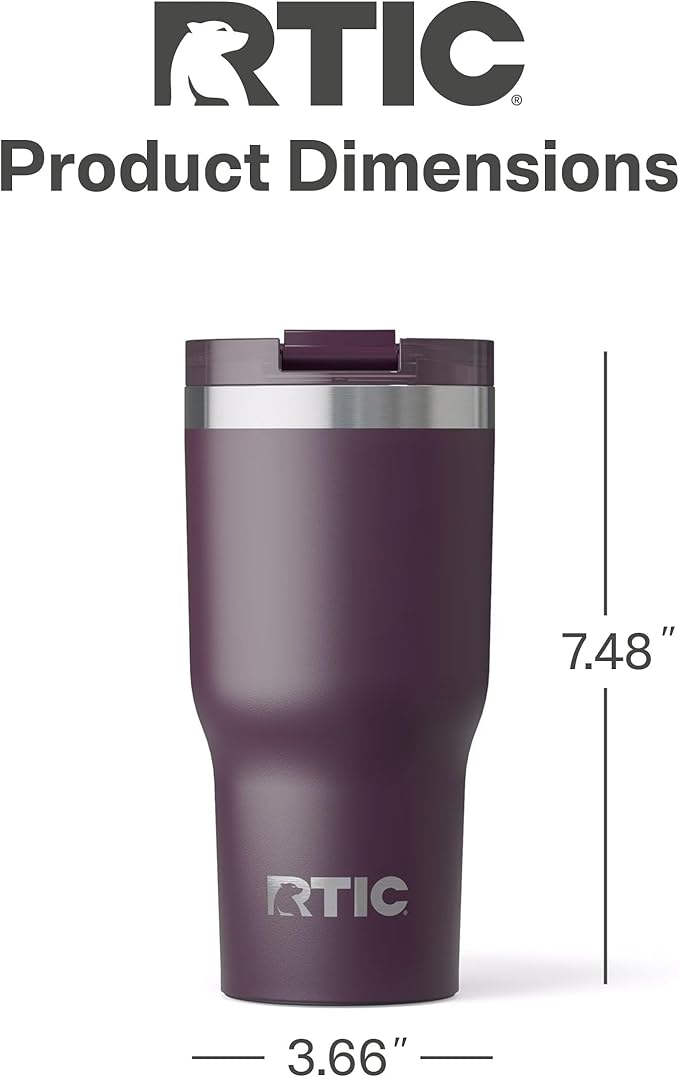 RTIC 20oz Essential Tumbler with Lid, Insulated, Stainless Steel, Metal, Double Wall Vacuum-Insulation, Ceramic Lined, Travel Cup for Iced Coffee, Tea, Hot and Cold Drink, Plum