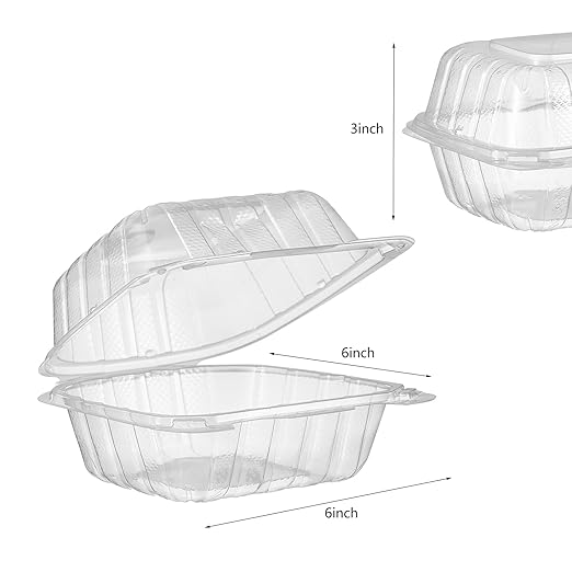 FULING 100 Count Clear Plastic Hinged Food Take Out To-Go Clamshell Containers, 6" W Disposable Takeout Tray for Dessert, Cakes, Cookies, Salads, Pasta, Sandwiches