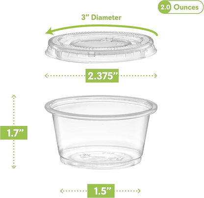 (2 oz - 100 Sets) Clear Diposable Plastic Portion Cups With Lids, Small Mini Containers For Portion Controll, Jello Shots, Meal Prep, Sauce Cups, Slime, Condiments, Medicine, Dressings, Crafts,