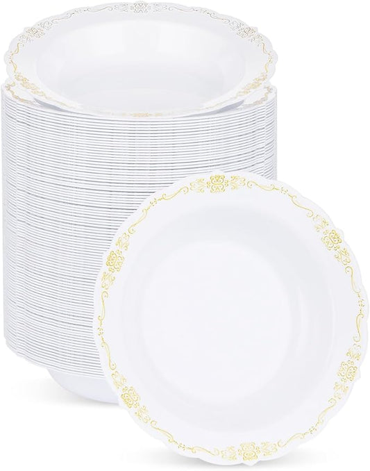 100 Pack White Plastic Bowls with Gold Rim, 12oz Disposable Soup Bowl, Heavy Duty Dinner Bowls for Party, Weddings, Dinners, Catering and Everyday Use