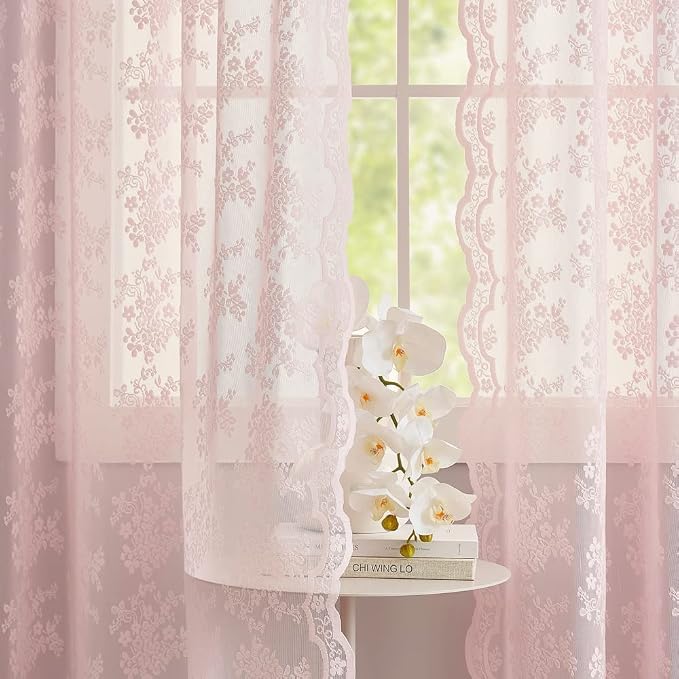 YJ YANJUN Vintage Lace Curtains Short Pink Floral Curtains 54 inch Length 2 by YJYANJUN