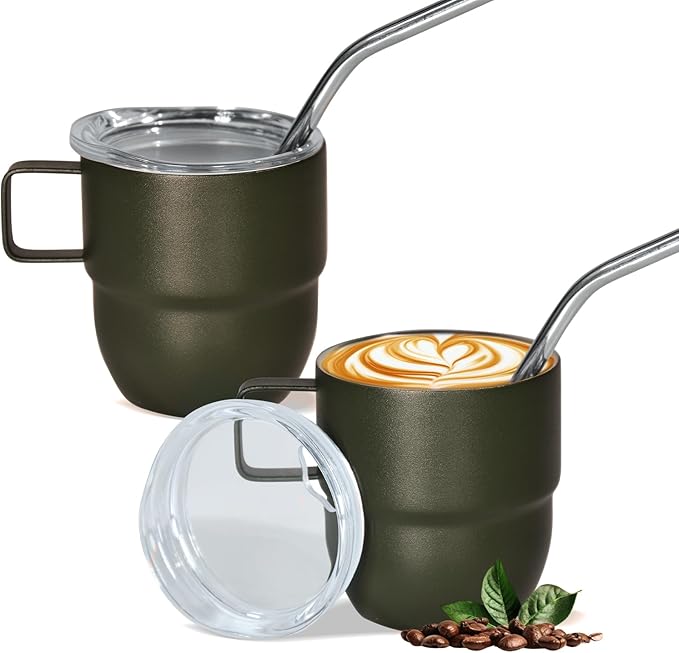 4oz Stackable Cup, Vacuum Insulated Espresso Cup Set of 2, Espresso Shot Mug for Coffee, Double Wall Stainless Steel Mini Tumbler Shot Glasses with Straw and Lid