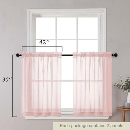 Blush Kitchen Curtains 30 Inch Length Tier 2 PCS, Solid Soft Airy Half Curtains - Image 2