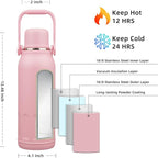 BJPKPK Insulated Water Bottle 50oz Stainless Steel Water Bottles Disherwahser Safe with Handle and Lid Travel Metal Thermos,Light Pink