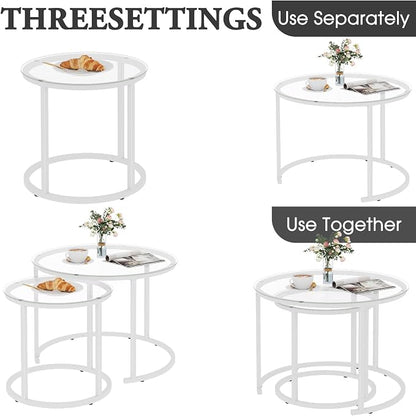 aboxoo White Nesting Glass Table Set of 2, Small Glass Round Nesting Tables - Image 5