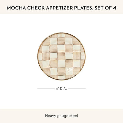 MACKENZIE-CHILDS Set of 4 Enamel Appetizer Plates, Decorative Dinnerware Plate, 5 Inches, Brown-and-White Mocha Check