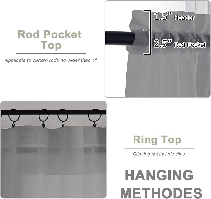 Sheer Grey Curtains, Sheer Curtains 63 inch Length 2 Panels Set, Rod Pocket - Image 4