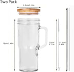 24oz Mason Jar Cups with Handle, Clear Glass Tumbler with Bamboo Lid and Straw, 2 Pack Glass Iced Coffee Cup with Lids, Cold Drinking Glasses for Iced Coffee, Juice, Bubble Tea,cola