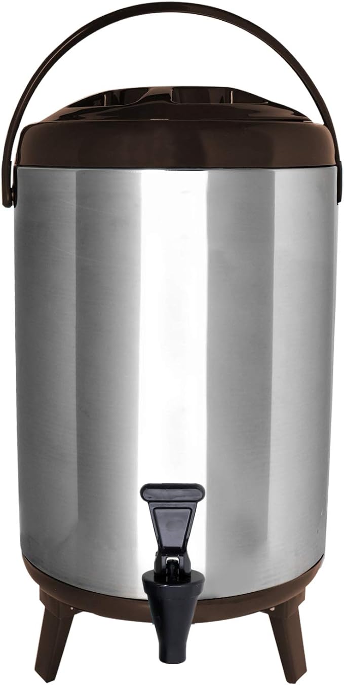 Stainless Steel Insulated Beverage Dispenser – Insulated Thermal Hot and Cold Coffee Carafe – 12 Liter Drink Dispenser with Spigot for Hot Water, Tea & Coffee, Cold Milk, Juice & More BROWN