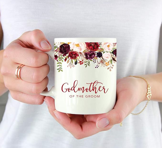 Andaz Press 11oz. Wedding Ceramic Coffee Tea Mug Gift, Fall Autumn Marsala Burgundy Flowers Roses Florals, Godmother of the Groom, 1-Pack, Includes Gift Box