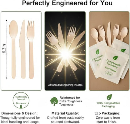 (150 Count) Disposable Wooden Cutlery Set - Alternative to Plastic, Eco Friendly, Biodegradable, Compostable Cutlery Set - 50 Wood Spoons, 50 Wooden Knives & 50 Wooden Forks Disposable Utensils Set