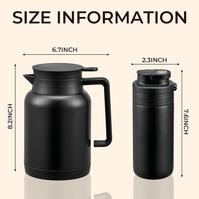 2 Pack 49oz Thermal Coffee Carafe and 15oz Insulated Water Bottle, Stainless Steel Vacuum Thermal Carafes and Water Bottle for Keeping Coffee, Tea, Water - Keep 12 Hours Hot, 24 Hours Cold