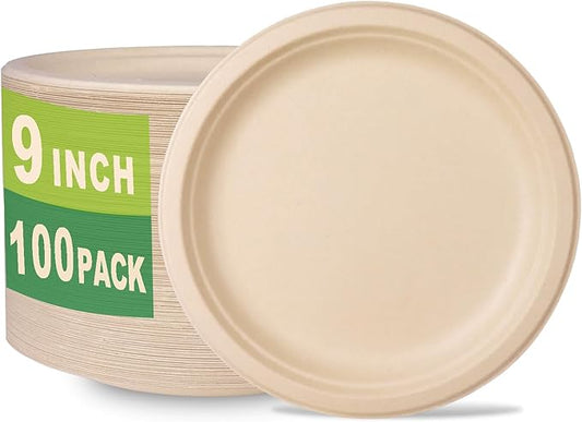 GreenWorks 100 Count 9“ Heavy-duty Compostable Plates, Unbleached Biodegradable Bagasse and Bamboo fiber Paper Plates