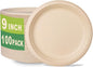 GreenWorks 100 Count 9“ Heavy-duty Compostable Plates, Unbleached Biodegradable Bagasse and Bamboo fiber Paper Plates