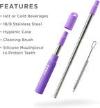 ZOKU Reusable Metal Straw with Case for Travel, Purple - Collapsible Stainless Steel Drinking Straw with Silicone Tip and Cleaner Brush, Ideal for Key Chains, Pockets, Purses