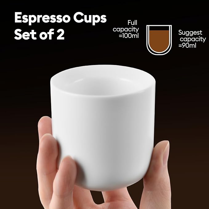 A set of 2 matte white ceramic espresso cups, thickened cup walls, slanted mouth design, each with a capacity of 3 ounces, hand washable only
