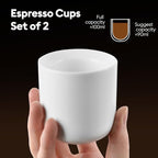 A set of 2 matte white ceramic espresso cups, thickened cup walls, slanted mouth design, each with a capacity of 3 ounces, hand washable only