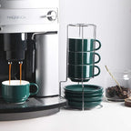 Sweejar Porcelain Espresso Cups with Saucers, 4 Ounce Stackable Cappuccino Cups with Metal Stand for Coffee Drinks, Latte, Tea - Set of 4 (Jade)