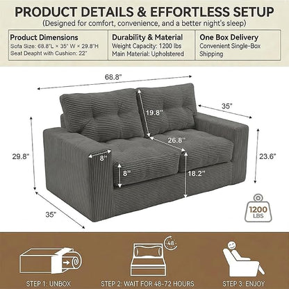 69" Corduroy Loveseat Sofa in a Box, High-Density Foam Couch, No Assembly - Image 2