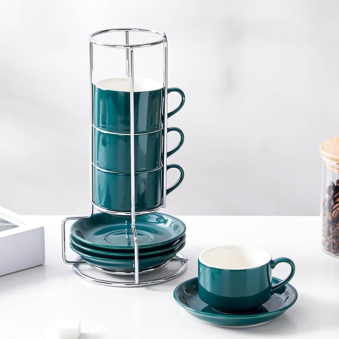 2.5 Ounce Porcelain Espresso Cups with Saucers and Silver Stand, Blackish Green Stackable Cups Set of 4