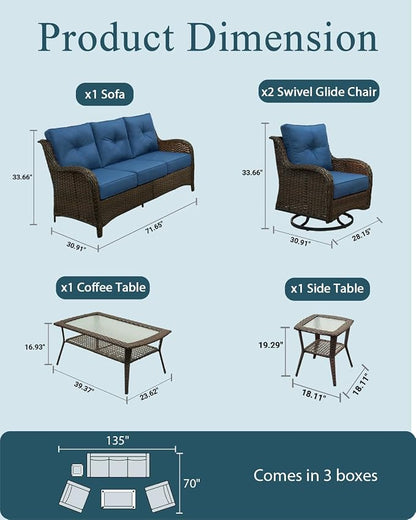 Patio Furniture Set, High Back Rattan Sofa & Swivel Rocker Chairs, Weather - Image 6
