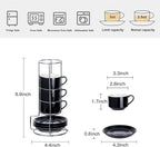 2.5 Ounce Porcelain Espresso Cups with Saucers and Silver Stand, Black Stackable Cups Set of 4