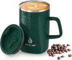 Ideus Vacuum Insulated Coffee Mug, 16oz Reusable Stainless Steel Thermal Double Walled cup with Handle and Slider Lid for Hot & Cold Beverages, BPA Free (Leapord Dark Green)
