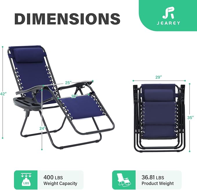 JEAREY Zero Gravity Lounge Chairs Set of 2, Adjustable Steel Mesh Recliners - Image 3
