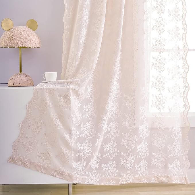 YJ YANJUN Vintage Lace Curtains 84 Inches Long-Victorian Floral Dusty Pink - Image 7