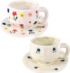 Ceramic Coffee Mug Vintage Flower Mugs 8 oz Cute Floral Coffee Mugs Irregular Latte Art Cup Lead-free Porcelain Cups for Cappuccino, Cocoa (Blue and Pink Mug with Saucers)