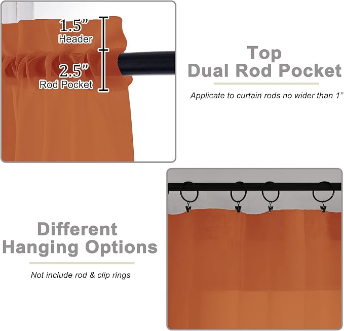 Orange Sheer Curtains for Bedroom Living Room 45 Inch Length 2 Panels, Soft - Image 4