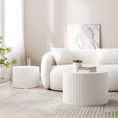 White Round Coffee Table Nesting Coffee Table Set of 2 Contemporary Circle - Image 4