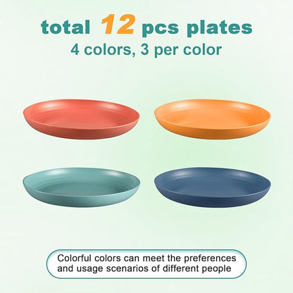 12 Pcs Unbreakable Deep Dinner Plates Set, 10 inch Reusable Plastic Wheat Straw Plates, Microwave and Dishwasher Safe Plate for Kitchen, Lightweight Plate for Dessert, BPA Free, 4 Colors