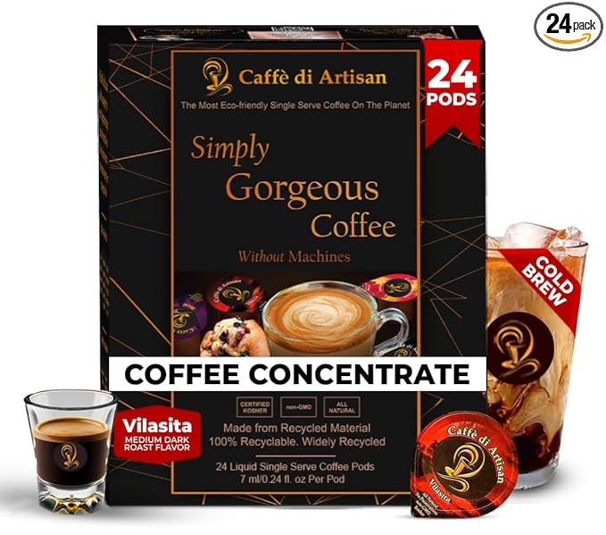 Caffè di Artisan Liquid Coffee Pods – Premium Single-Serve Coffee for Cold Brew concentrate, Iced Coffee & Hot Coffees – Machine-Free, Eco-Friendly, Ready in Seconds. Rich; Vilasita; Arabica; Medium Dark Roast – 24 Count..