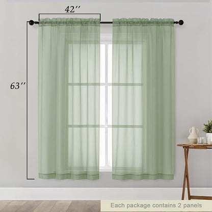 Sheer Sage Green Curtains for Bedroom Living Room 63 Inch Length 2 Panels - Image 2