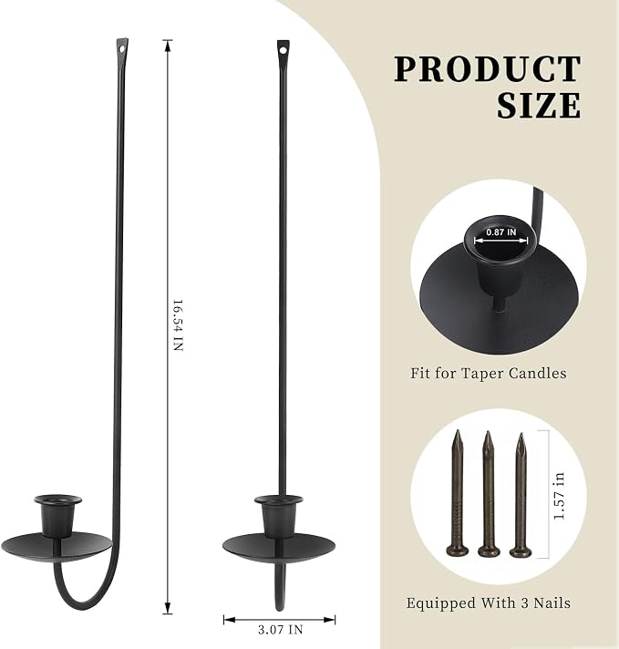 Wall Candle Holder Set of 2, Stylish Black Metal Wall Mount Candle Sconces - Image 2