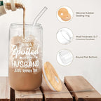 Wife 16 Oz Can Glass Tumbler with Bamboo Lid and Straw - Iced Coffee Cups for Women, Aesthetic Glass Cup Gift for Birthday Christmas Valentine's Day Mother's Day