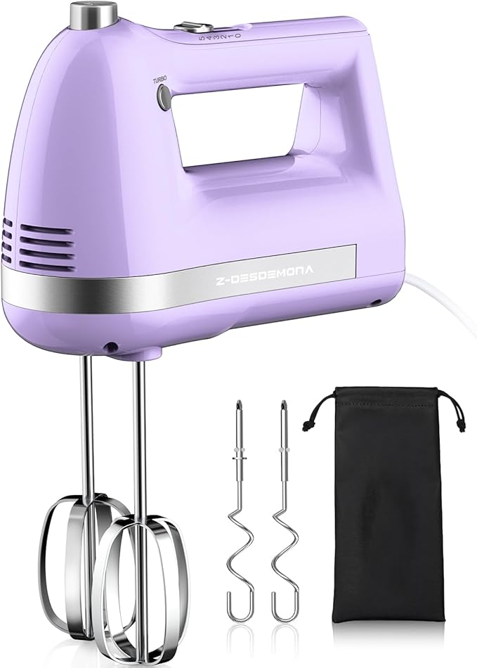 Electric Hand Mixer, Powerful 300W Hand Mixer Electric Handheld with 304 Beaters, Dough Hook,Hand Held Mixer with Turbo for Baking Cakes, Eggs, Cream Food(Purple)