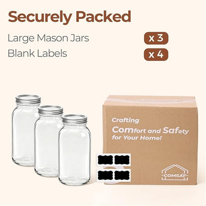 ComSaf Large Mason Jars 64oz Half Gallon 3 Pack, Wide Mouth Mason Jars with Lids and Seal Bands, Glass Canning Jars for Pickling, Jam, Jelly, Salad, Desert, Shower Wedding Favors